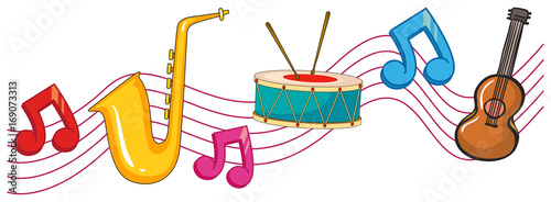 Different types of instruments with music notes in background