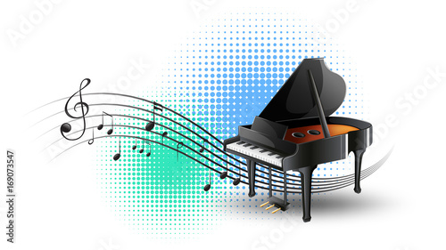 Grand piano with music notes in background
