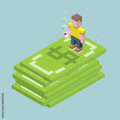 Man stay on giant dollars, isometric cubes composition. Financial success, investment question, savings, deposit concepts. Vector illustration