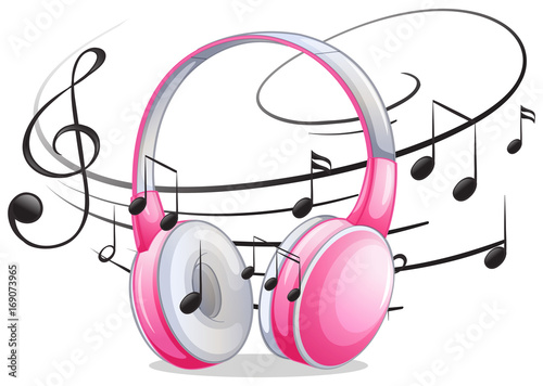 Pink headphone with music notes in background