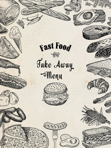 american fast food, take away food, bacon, bread, burger, cheese, croissant, eggs, fish, fork, hamburger, ketchup, loaf, omelet, pepper, pizza, salami, salmon, sandwich, sausage, steak