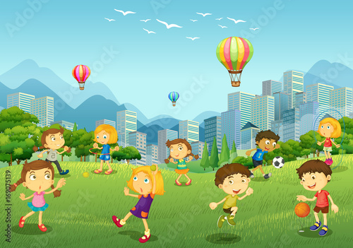 Happy children play in park