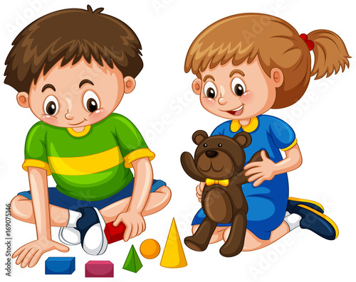 Boy and girl play toys