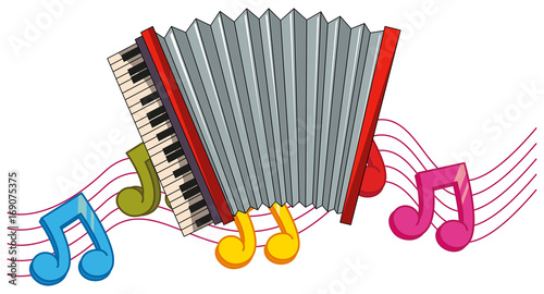 Classic accordion with music notes in background