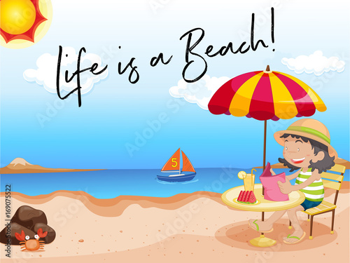 Girl sits on the beach with phrase life is a beach