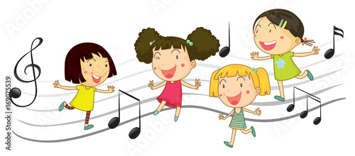 Happy children dancing with music notes in background