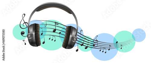 Headphone with music notes in background