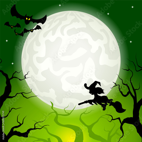 Hexe fliegt vor Vollmond in der Halloween Nacht 