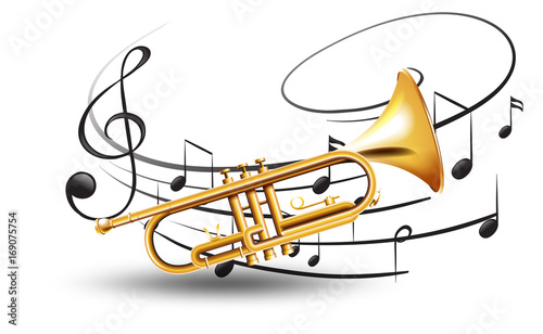 Photo Golden trumpet with music notes in background