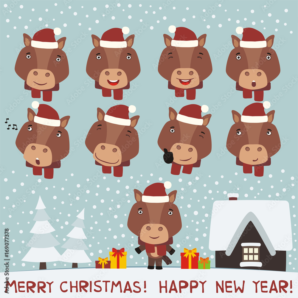 Merry christmas and Happy new year! Set face horse for christmas and new year design. Collection isolated heads of horse in cartoon style. Merry christmas and Happy new year! Set face horse for christmas and new year design. Collection isolated heads of horse in cartoon style.