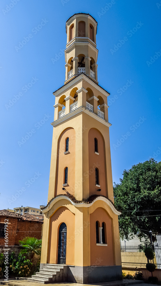 Bell tower of  The Nativity of Christ Autocephalous Orthodox church in the center of Shkoder, Albania, South-East Europe.