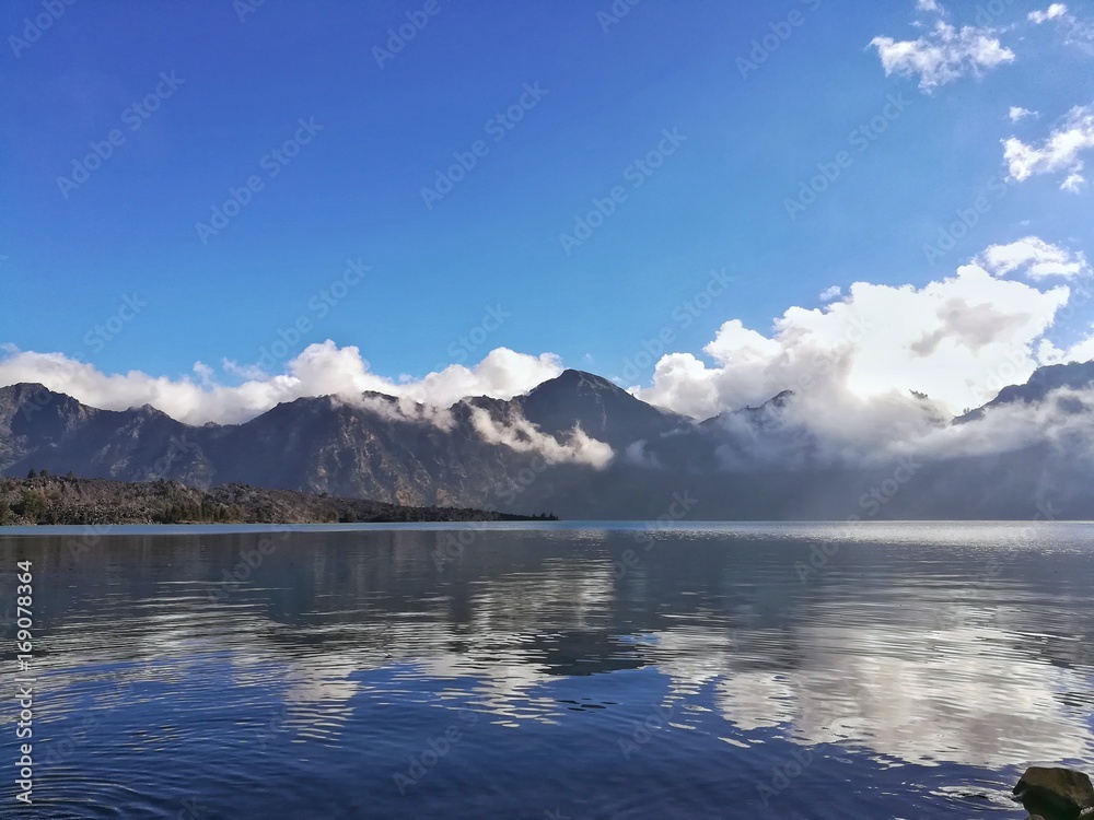 Lake and mountain. Rinjani Mountain, Lombok, Indonesia.