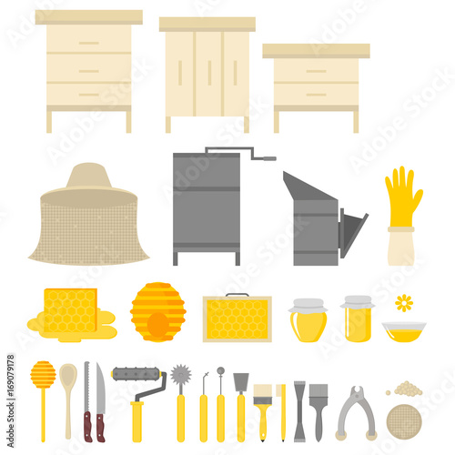 Flat design elements of Beekeeping and apiculture. Beekeeper Tools and equipment set. Apiary Instrument isolated. Beehive and Honeycomb. Honey in jar