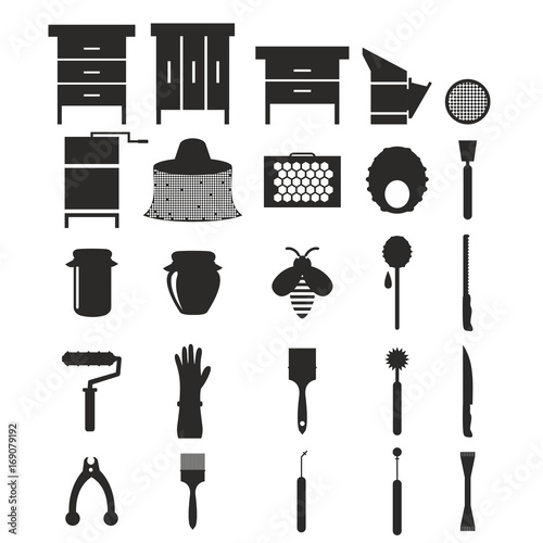 Flat black silhouette design elements of Beekeeping and apiculture. Beekeeper Tools and equipment set. Apiary Instrument isolated. Beehive and Honeycomb. Honey in jar.