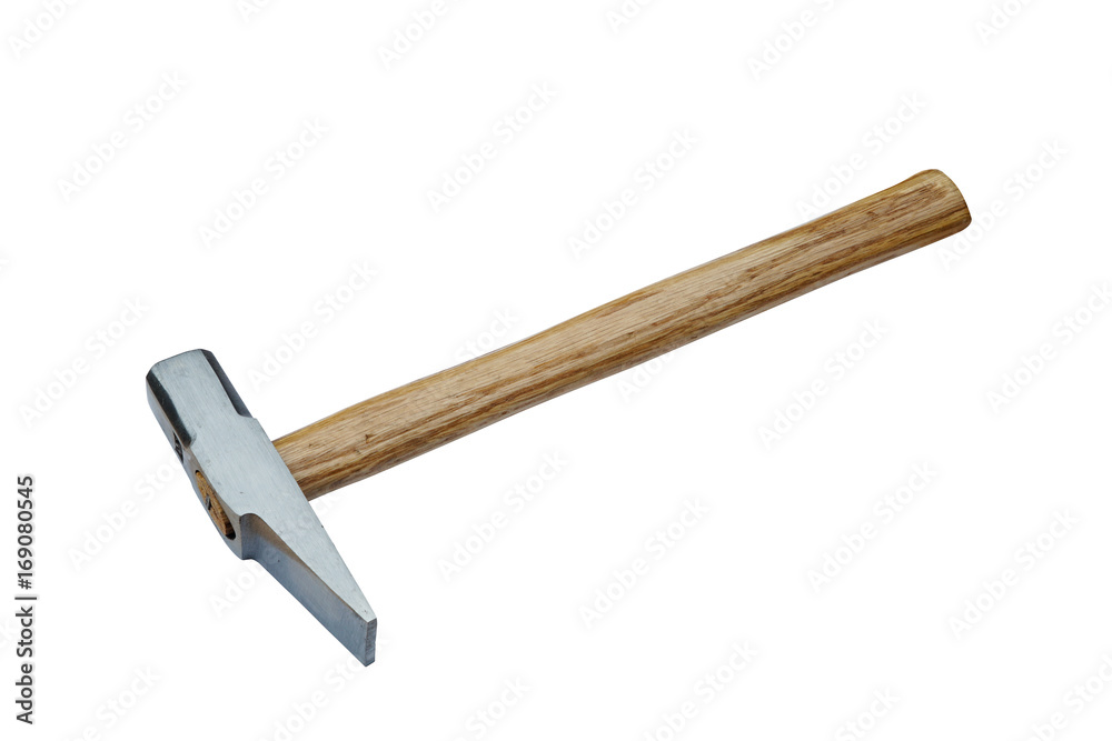 iron hammer with wooden handle on white