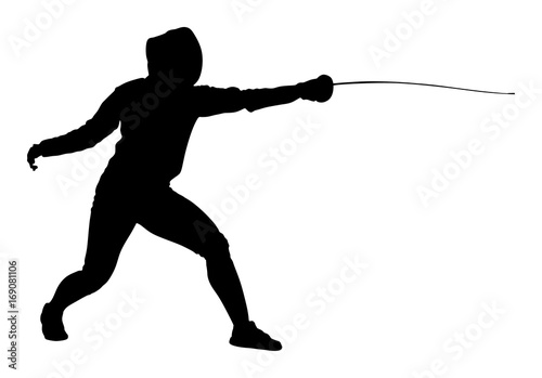Fencing player portrait vector silhouette illustration isolated on white background. Fencing competition event. Sword fighting. Swordplay training black shadow. Quick move game. Athlete man art figure