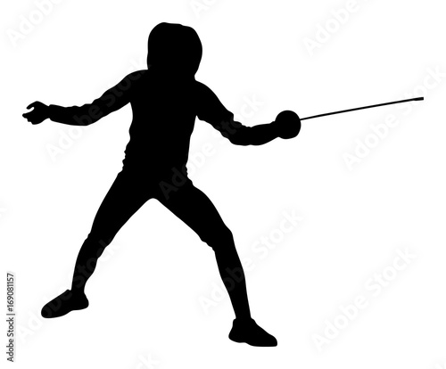 Fencing player portrait vector silhouette illustration isolated on white background. Fencing competition event. Sword fighting. Swordplay training black shadow. Quick move game. Athlete man art figure