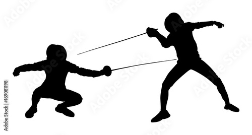 Fencing player portrait vector silhouette illustration isolated on white background. Fencing duel competition event. Sword fighting. Swordplay duel black shadow.Quick move game. Athlete man art figure