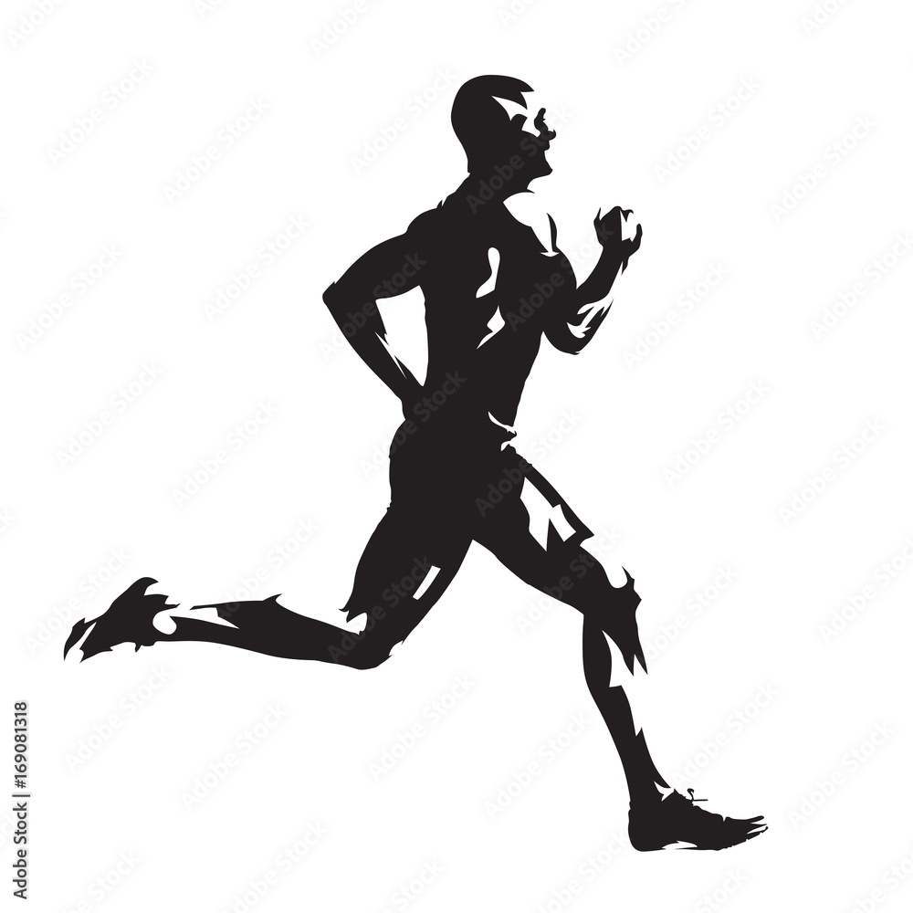 Running man, abstract vector silhouette, side view