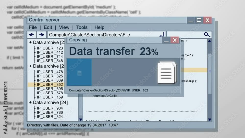 Abstract animation of working screen of abstract computer OS with data transfering files or datas with error! Internet network computer concepts.
