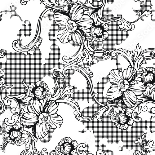 Fototapeta Naklejka Na Ścianę i Meble -  Eclectic fabric plaid seamless pattern with baroque ornament.