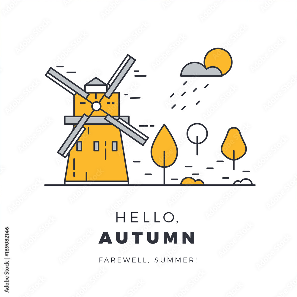 Hello autumn promotion web banner with rural landscape. Promo fall season quote layout with windmill and meadow. Vector seasonal background template design. Hello autumn promotion web banner with rural landscape. Promo fall season quote layout with windmill and meadow. Vector seasonal background template design.