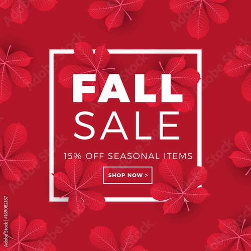 Sale promotion web banner with autumn background. Promo fall season discount layout with chestnut leaves pattern. Vector seasonal discount template design.
