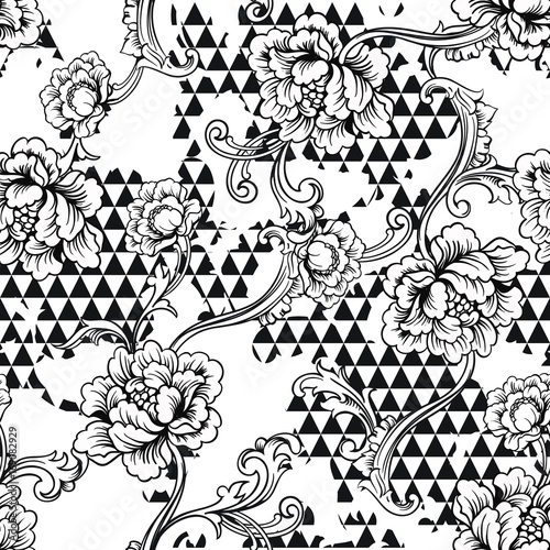 Eclectic fabric seamless pattern. Geometric background with baroque ornament