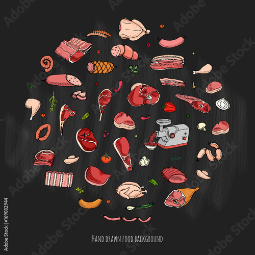 Hand drawn doodle set of cartoon different kind of meat and poultry. Vector illustration set. Sketchy food elements collection: Lamb, Pork, Ham, Mince, Chicken, Steak, Bacon, Sausage, Salami, Veggie.