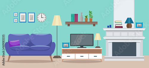 Cozy interior of a modern elegant living room with an armchair, a sofa, a tv table, a fireplace, and various decorations. Flat style vector design template