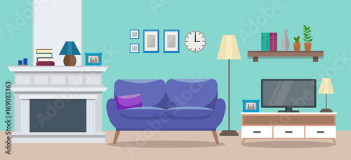 Cozy interior of a modern elegant living room with an armchair, a sofa, a tv table, a fireplace, and various decorations. Flat style vector design template