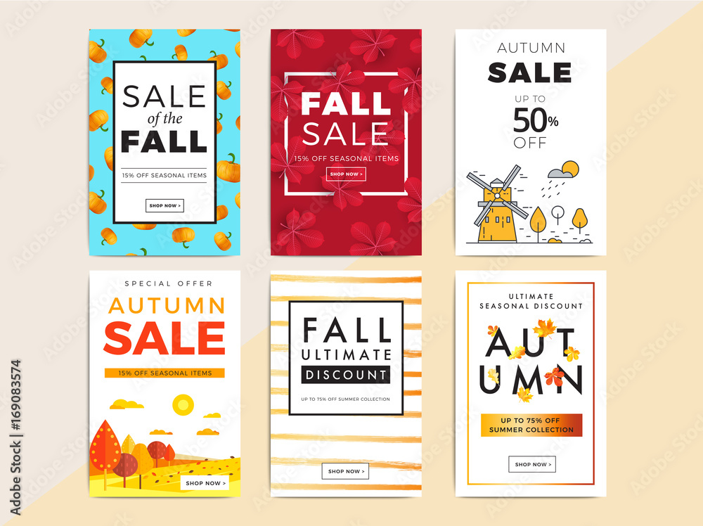 Naklejka premium Sale promotion web banner with luxury autumn background. Promo fall season discount layout with fashionable golden leaves elements. Vector seasonal discount template design.