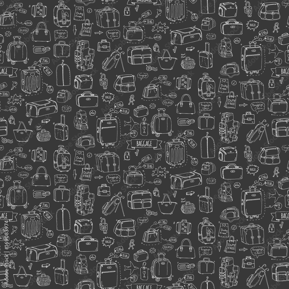 Seamless pattern hand drawn doodle Baggage icons set. Vector illustration. Different types of baggage Large small suitcase Hand luggage Backpack Carrying animals Crate Handbag Tag Sketch cartoon style