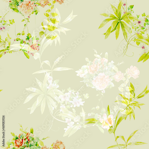 Watercolor painting of leaf and flowers, seamless pattern © photoiget