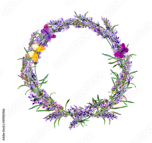 Lavender flowers wreath, butterflies. Watercolor