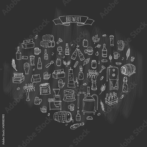 Hand drawn doodle set of Brewery icons. Vector illustration set. Cartoon Craft Beer production symbols. Sketchy brewing elements collection: pub equipment, malt, hop, glass, barrel, mill, beer tap.