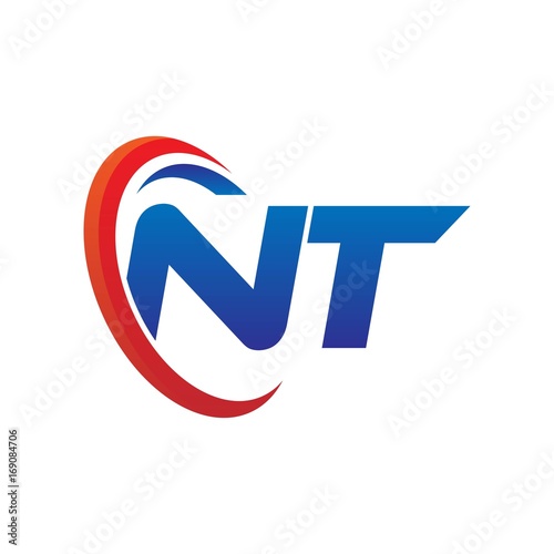 dynamic vector initial letters logo nt with circle swoosh red blue