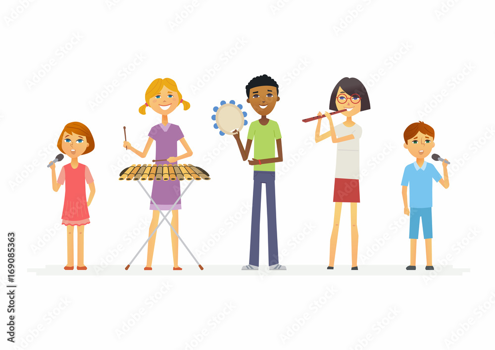 Happy schoolchildren playing music - cartoon people characters isolated illustration