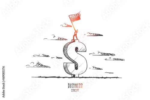 Business concept. Hand drawn man standing on sign of dollar with flag in his hands. before start of new business. Man waving a flag isolated vector illustration.