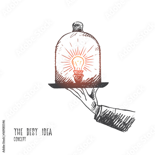 The best idea concept. Hand drawn light bulb as symbol of creativity. Light bulbs on a tray isolated vector illustration.