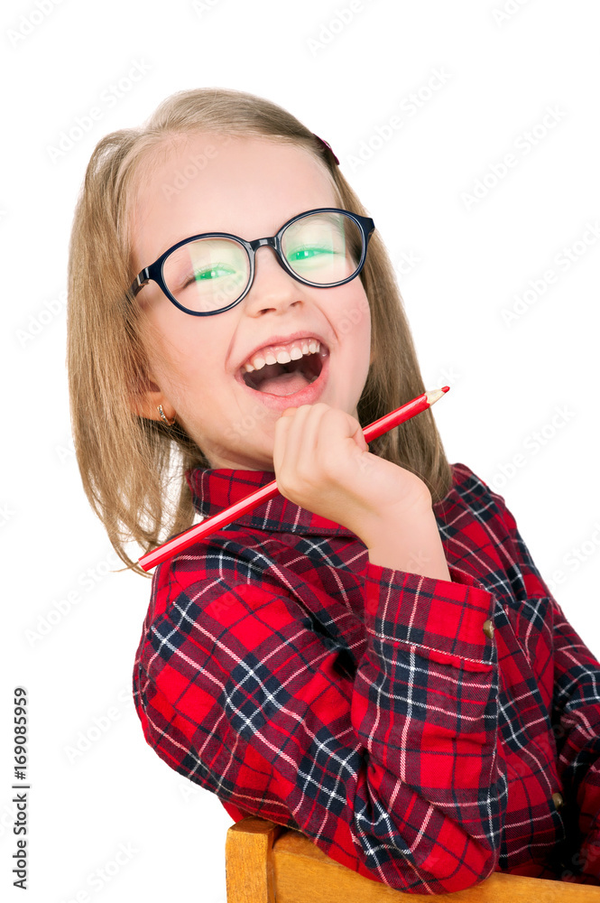 Happy schoolgirl in eyeglasses with a pencil Happy schoolgirl in eyeglasses with a pencil