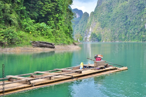 The bamboo raft floating on Cheow Lan Lake in Ratchaprapha Dam at Khao Sok National Park, Surat Thani Province, Thailand.