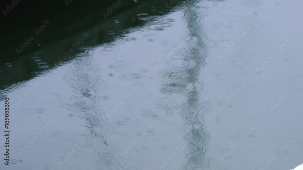 A birds eye view of the water with rain.