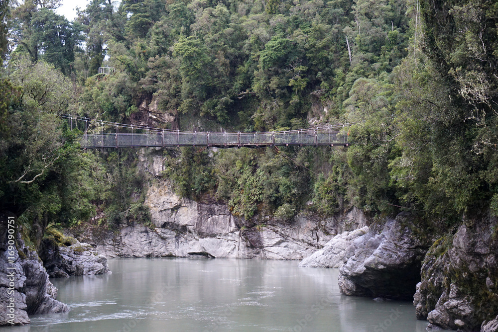 Rope bridge at Hokitika Gorge Walk with river under and forest ...