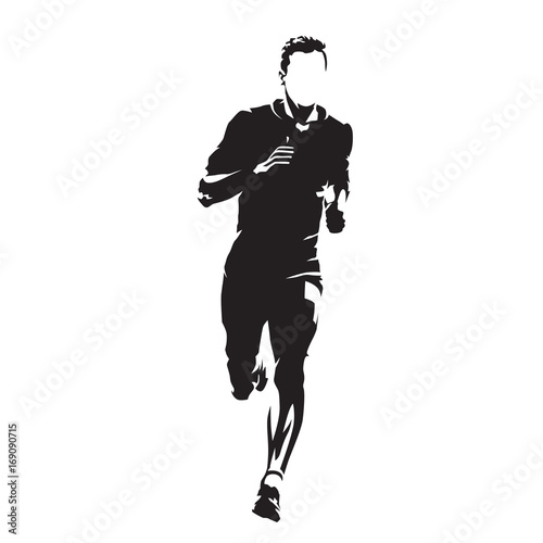 Runner vector silhouette, front view. Abstract running man
