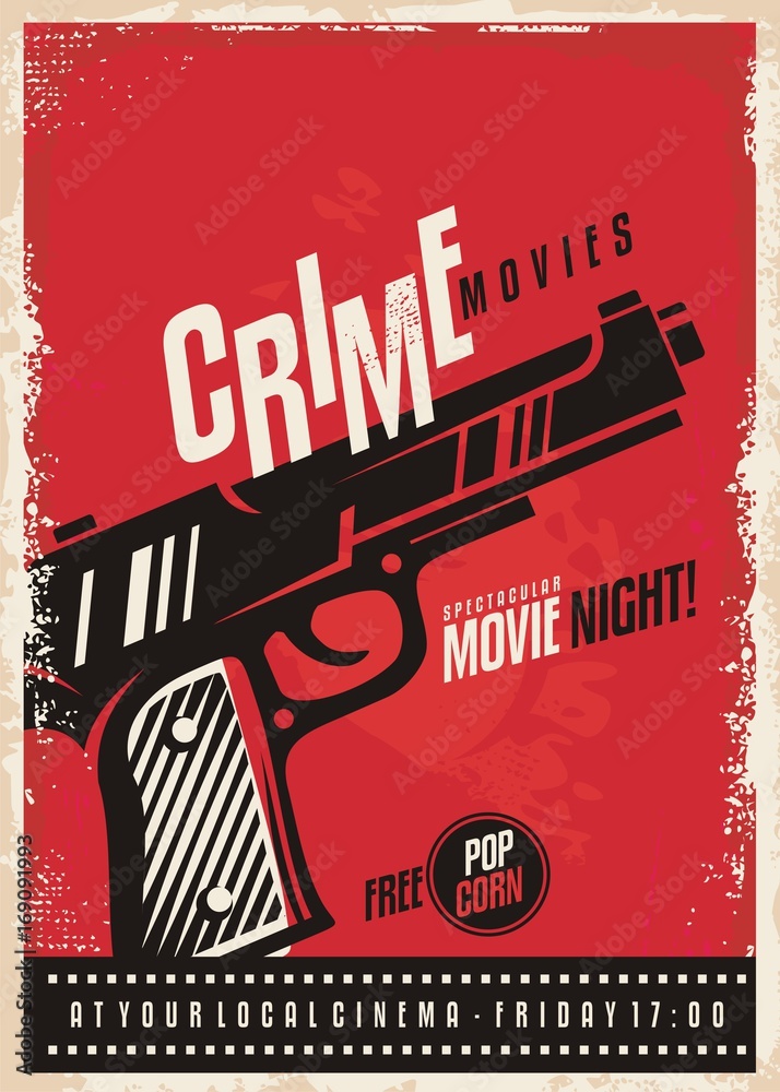 Crime movies poster design template with gun on red background. Pistol  graphic on cinema poster. Stock Vector | Adobe Stock