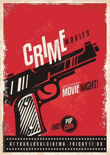Crime movies poster design template with gun on red background. Pistol graphic on cinema poster. photo