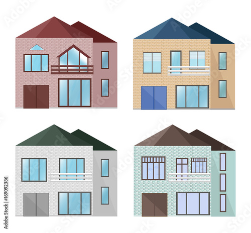 Brick houses facade Vector. Architecture detailed buildings front view