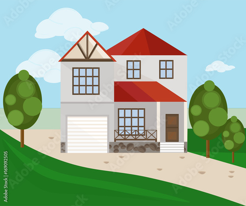 Modern architecture facade of a white house. Summer background Vector illustr...