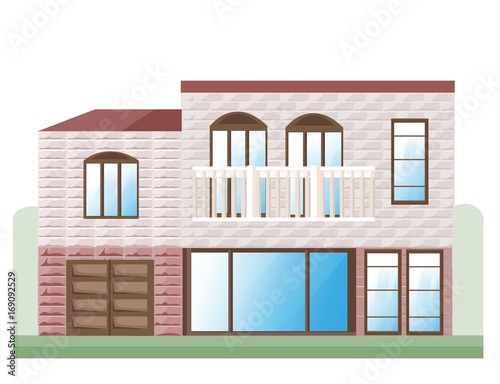 Red Stone house facade Vector. Architecture detailed building front view illu...